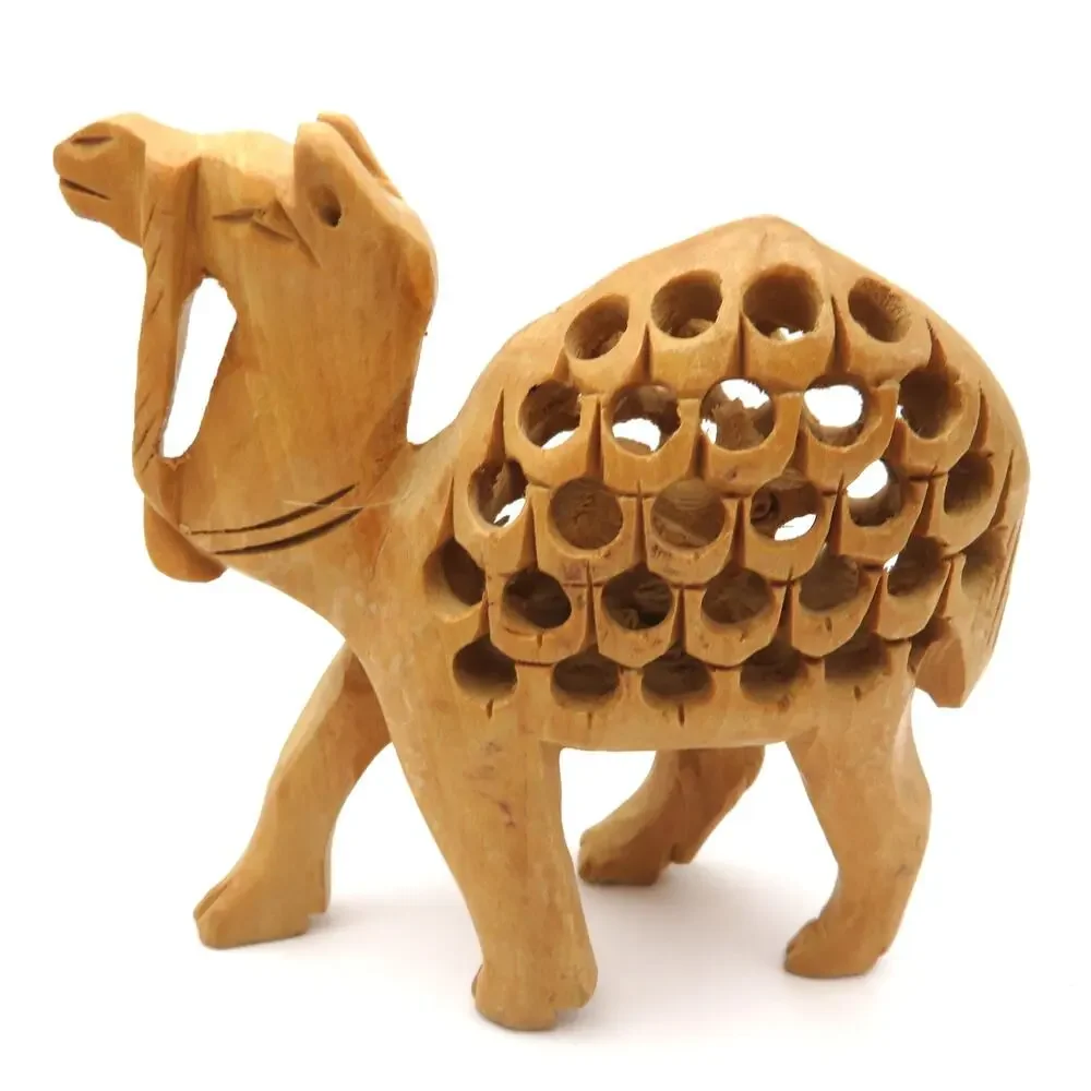 Vintage Hand Carved Wood Camel Figurine w Baby Camel Inside Pierced Carving